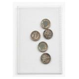 5 Mercury Dimes, 90% Silver US