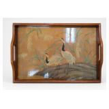Wooden Serving Tray with Crane Artwork