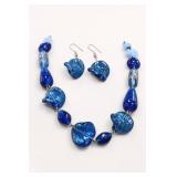 18in Blue Glass Bead Necklace and Earrings