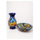 Hand-Painted Talavera Style Vase and Bowl