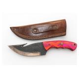 Gut Hook Knife with Sheath and Pink Handle