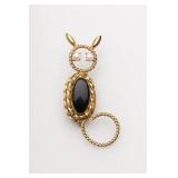 Cat Brooch with Onyx, Pearls, 14k Gold Fill