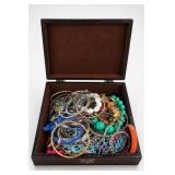 Wooden Jewelry Box with Assorted Costume Jewelry