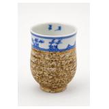 Japanese Yunomi Teacup, Blue Landscape, Gold