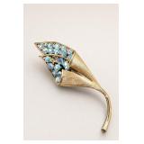 Coro Gold Tone Leaf Brooch with Rhinestones