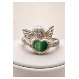Sterling Silver Angel Heart Green Stone Ring