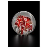 Clear Glass Paperweight With Red Floral Motif
