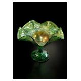 Fenton Green Carnival Glass Open Rose Compote