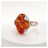 Amber Ring Size 6.5 with Silver-Tone Band