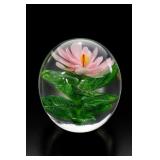 Glass Paperweight With Pink Flower