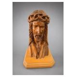 Carved Olive Wood Christ Bust on Plinth
