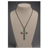 One Copper Cross Pendant Necklace w Blue Inserts