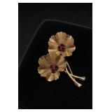 Krementz Floral Brooch with Six Red-Colored Stones