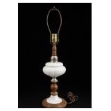 Opaque White Glass and Turned Wood Table Lamp