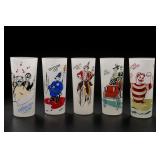 Five Frosted Illustrated Glass Tumblers