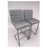 Pair of Gray Button-Tufted Upholstered Bar Stools