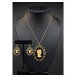 Cameo-Style Necklace and Matching Earrings