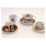 Four Decorative Teacups with Three Saucers