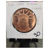 1 oz .999 Fine Copper Liberty Round
