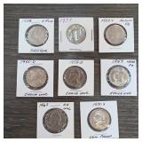 Eight Jefferson Nickels, 1938'1971