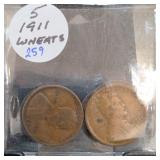 5 Lincoln Wheat Cents, Holder Marked 1911