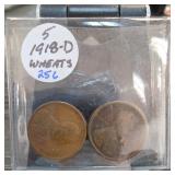 5 Lincoln Wheat Cents, Holder Marked 1918-D