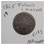 1865 Finland 1 Markka Coin KM# 3.1