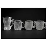 Lot of 4 Clear Decorative Glass Mugs