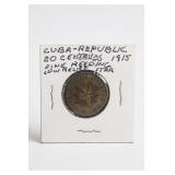 1915 Cuba 20 Centavos, F, Low Relief Star Coat