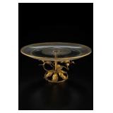 Gold-Tone Tole Rose Glass Cake Stand