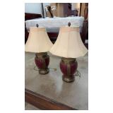 Pair of Ethan Allen Burgundy Brass-Tone Lamps