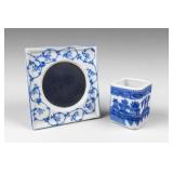 Blue & White Ceramic Frame and Square Vase