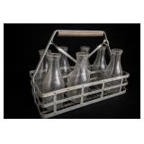 7 Vintage Glass Milk Bottles with Carrier