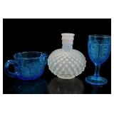 Blue Glass Goblet, Bowl & Hobnail Vessel