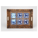 Carved Wood and Blue-White Tile Serving Tray