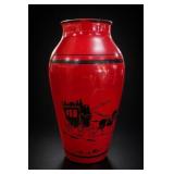 1920s Red Glass Stagecoach Silhouette Vase