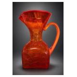 Orange-Red Crackle Glass Pitcher