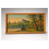 Framed Mountain Lake Landscape Painting