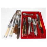 Assorted Flatware & Kitchen Knives with Tray