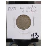 1883 Liberty Head V Nickel, 1883 No CENTS reverse