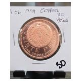 1917 Mexico 20 Pesos Tribute Copper Round