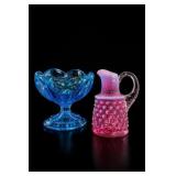 Blue Glass Bowl & Fenton Pink Small Pitcher