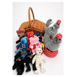 Assorted Plush Toys And Wicker Basket