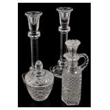 Clear Glass Candlesticks And Handled Vessel