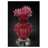 Murano Glass Vertical-Ribbed Ruffled-Rim Vase