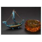 Decorative Viking Boat & Amber Glass Bowl