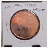 1 Oz .999 Fine Copper Mercury Round