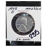 1943-D Lincoln Wheat Cent, MS63/64