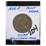 1943-P Jefferson Nickel, Lamination Error, Silver