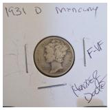 1931-D Mercury Dime F-VG, Silver
